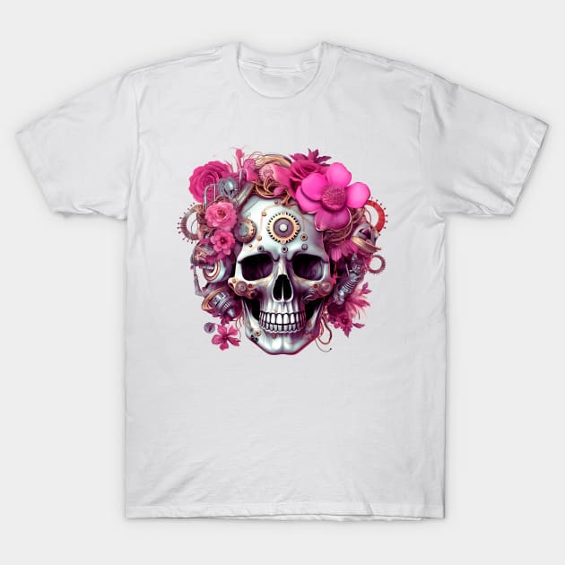 Pink Steampunk Skull T-Shirt by Chromatic Fusion Studio